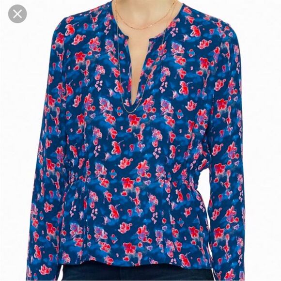 Tanya Taylor Heather Printed Silk w/ Cinch Waist in Storm Blue Top 4 NWOT - Picture 1 of 12